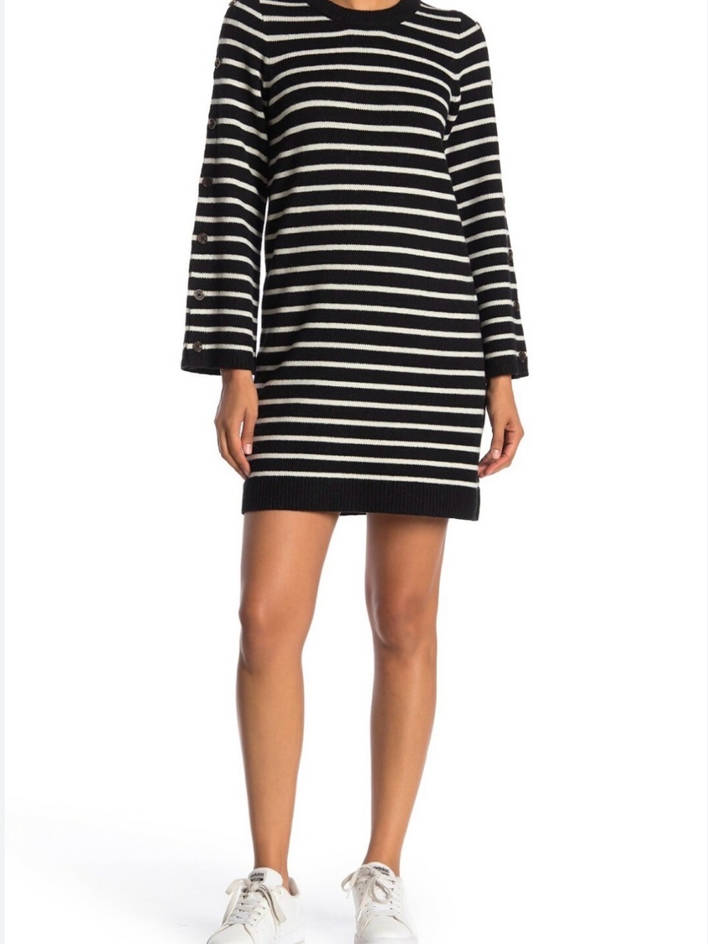 Madewell Black and White Striped Button-Detail Sweater Dress